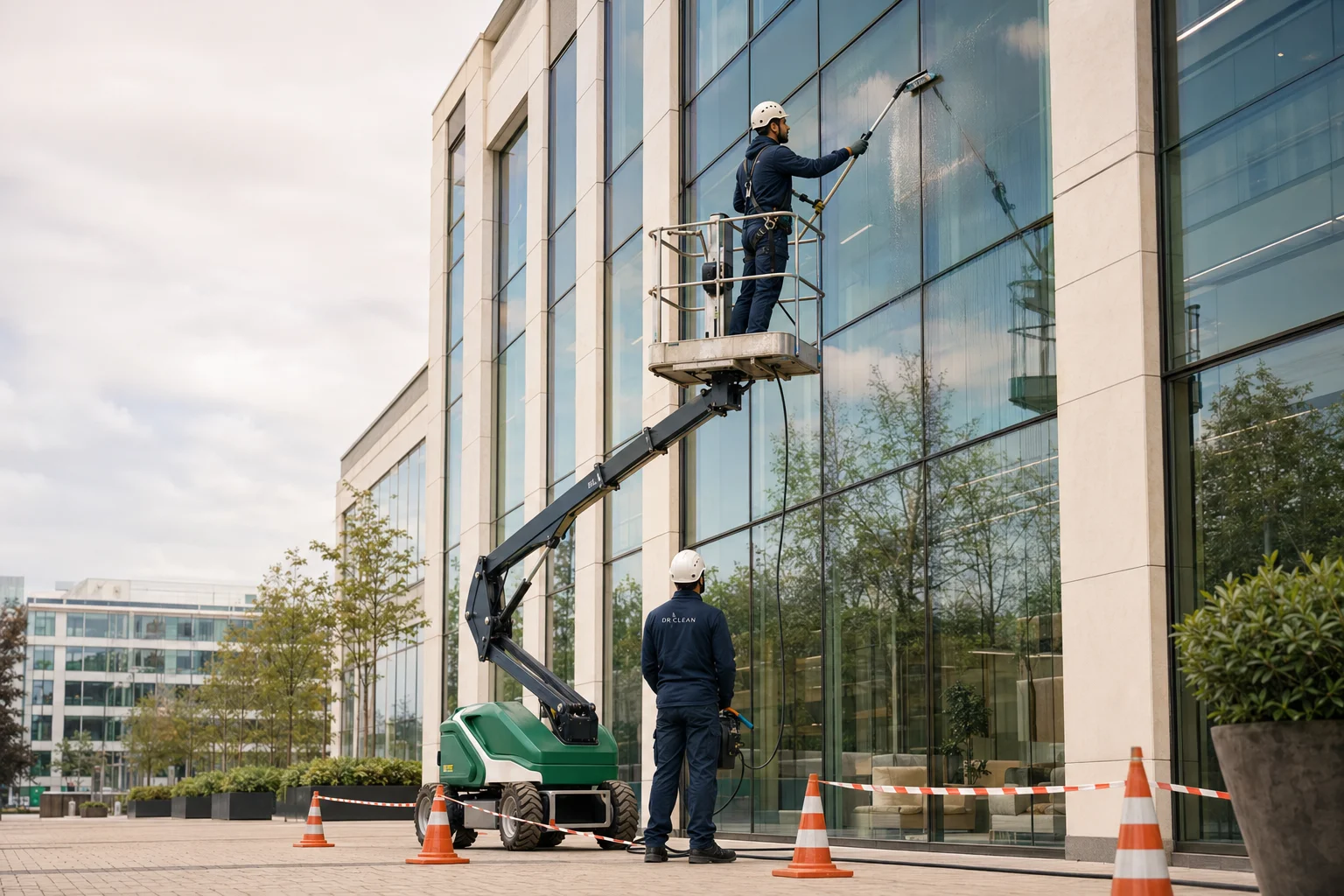 Glasbewassing op hoogte bij een modern kantoorgebouw