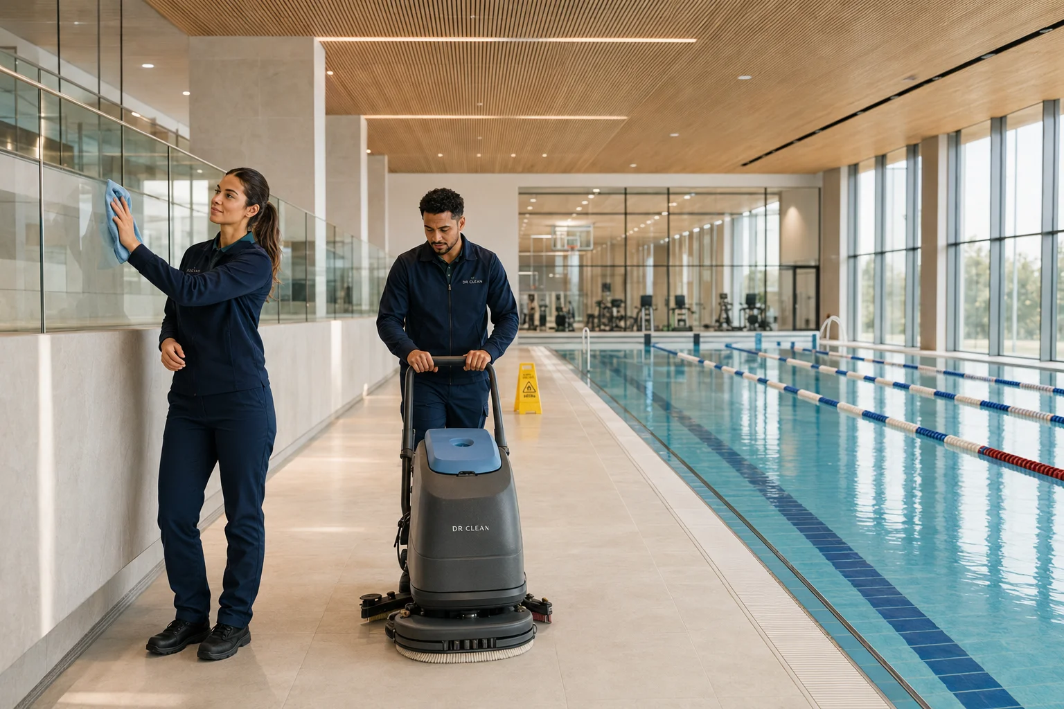 Professionele schoonmaak van een zwembad en sportaccommodatie